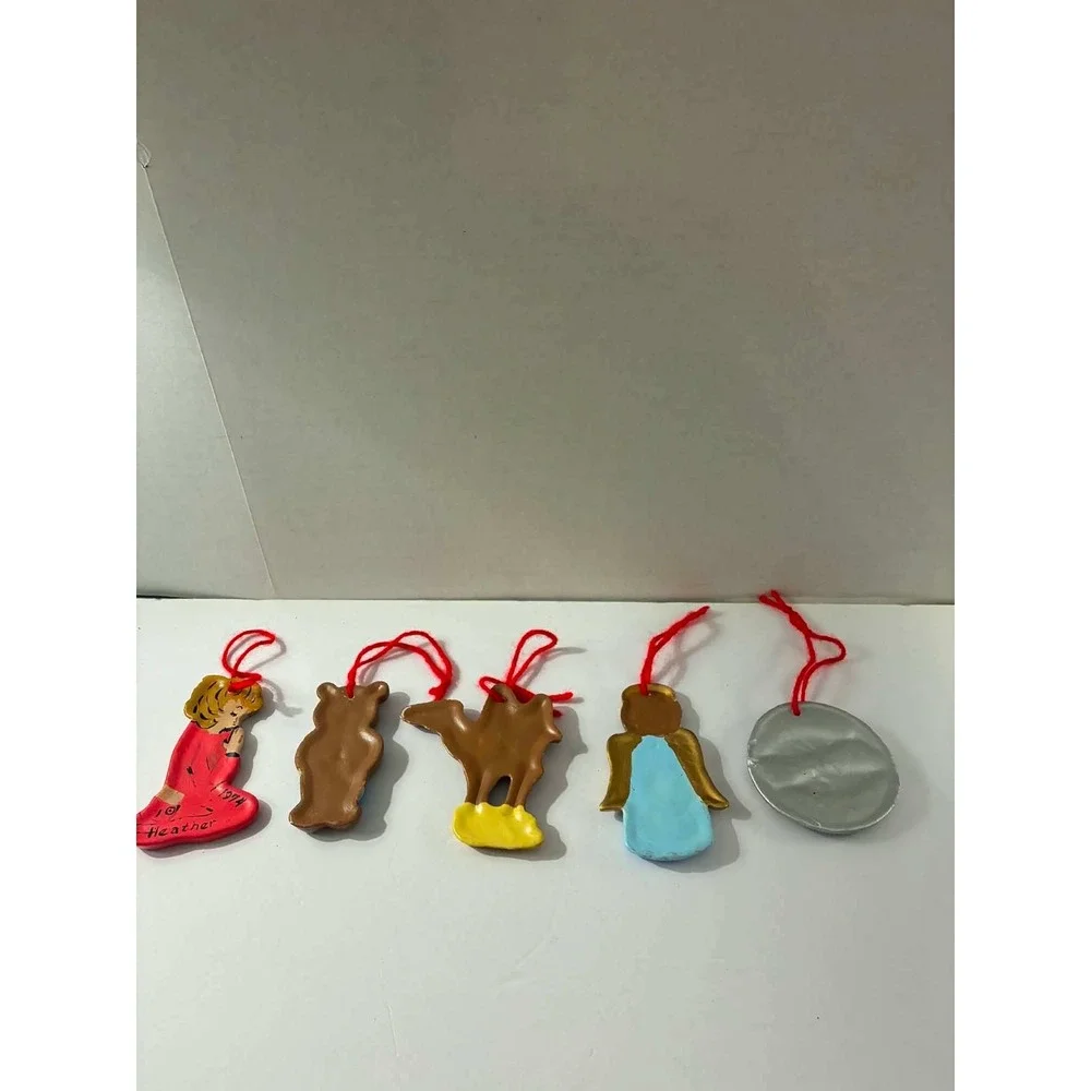 Vintage Handmade Christmas Ornament Lot of 5 Angel Reindeer Bear Child Fish 1974